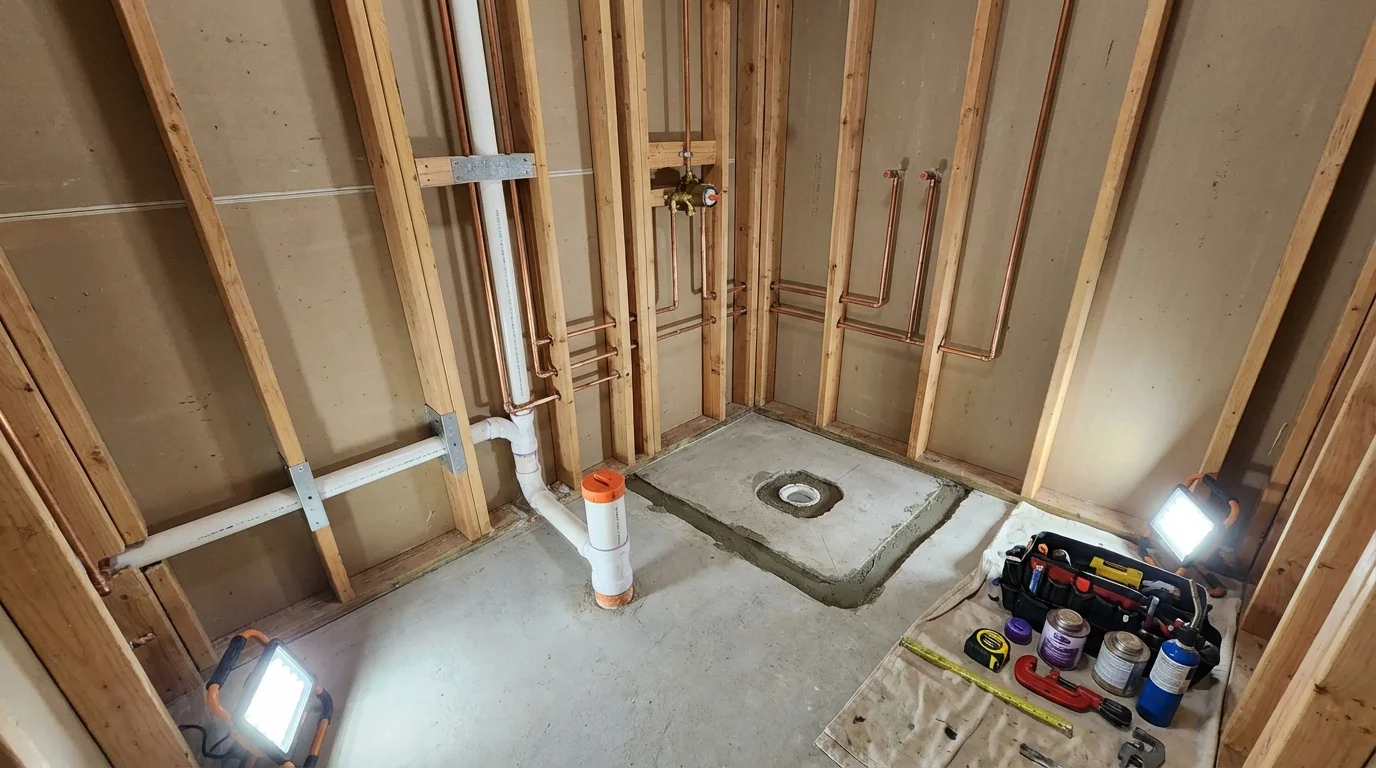Bathroom rough-in plumbing during remodel by Johns Plumbing LLC in Wilsonville