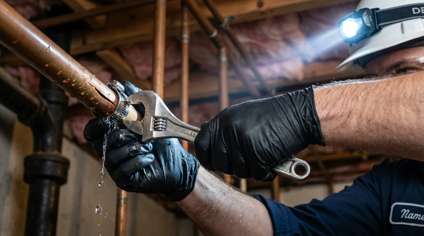 Emergency pipe clamp repair being performed by a Johns Plumbing LLC plumber in Wilsonville