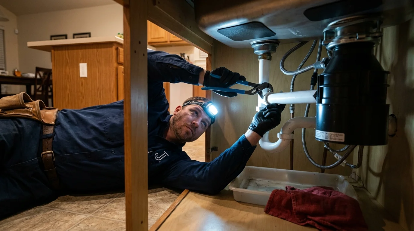 P-trap and supply line connections under a kitchen sink showing a common leak point in Wilsonville, AL
